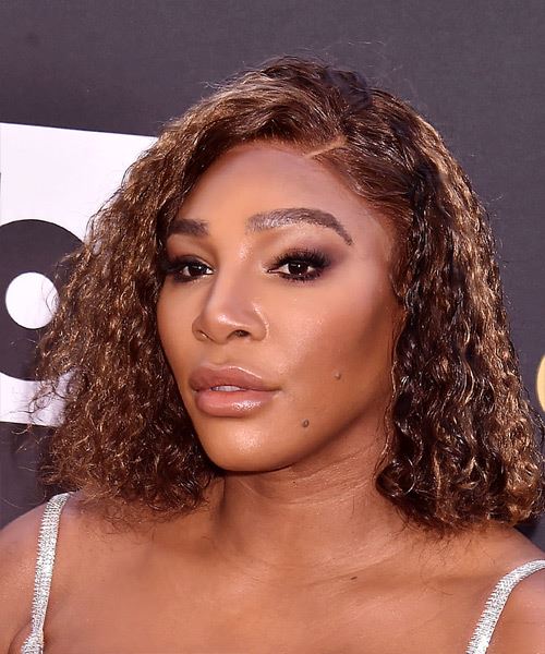 Serena Williams Medium Curly Layered  Dark Brunette Bob  with Side Swept Bangs  and  Blonde Highlights - side view