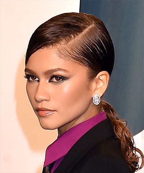 Zendaya Long Straight   Black   Updo with Side Swept Bangs - side view