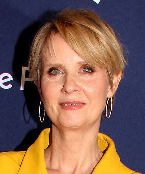 Cynthia Nixon Layered  Light Brunette Pixie    with  Blonde Highlights - side view