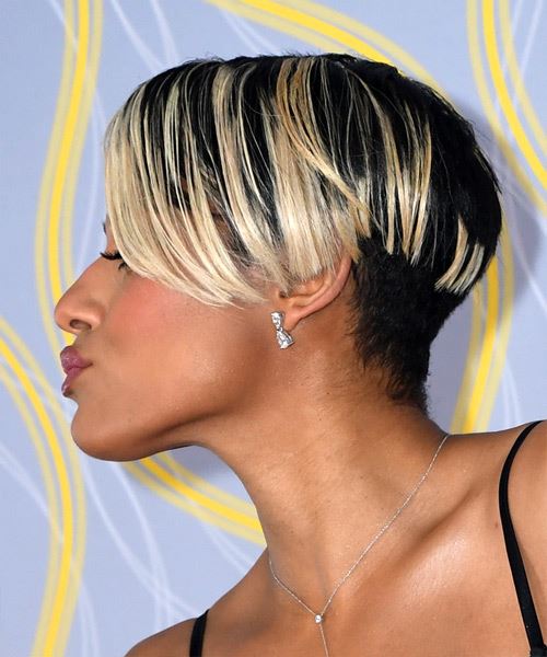 Ariana DeBose Black  Pixie  with Side Swept Bangs  and Light Blonde Highlights - side view