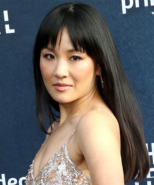 Constance Wu Long Straight   Black    with Blunt Cut Bangs - side view