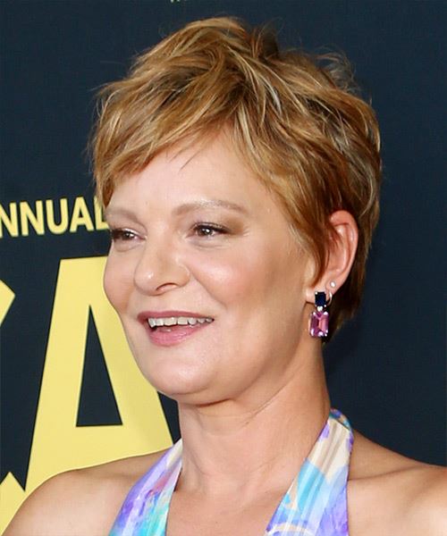 Martha Plimpton Light Red Pixie  with Side Swept Bangs  and Light Blonde Highlights - side view