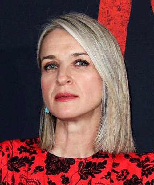Ever Carradine Medium Straight   Light Blonde Bob  with Side Swept Bangs  and Light Grey Highlights - side view