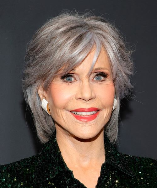 Jane Fonda Medium-Length Gray Hairstyle - side view