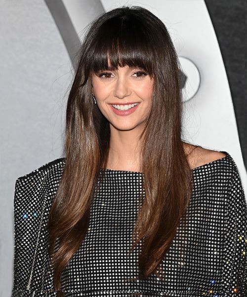 Nina Dobrev Long Brown Hairstyle With Smoothed-Out Bangs - side view