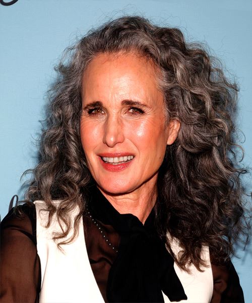 Andie MacDowell Long Grey Hairstyle With Corkscrew Curls - side view