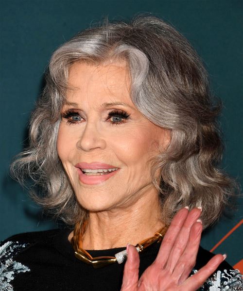 Jane Fonda Medium-Length Grey Hairstyle With Curls - side view