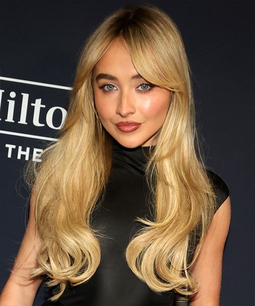 Sabrina Carpenter Long Blonde Hairstyle With Curtain Bangs - side view