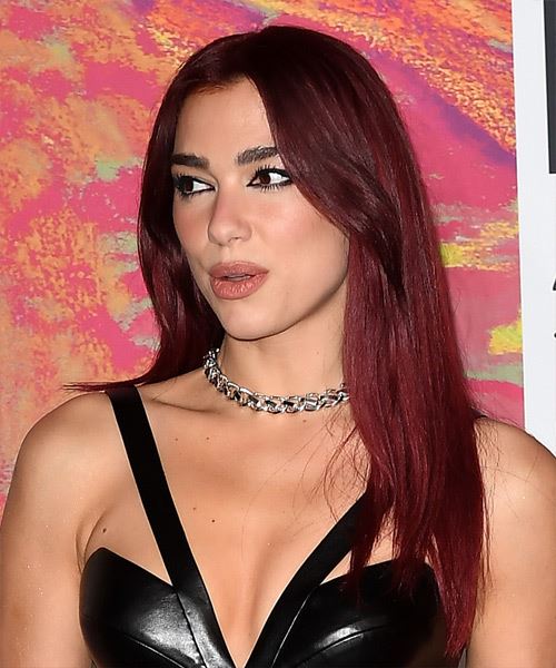 Dua Lipa Long Dark Red Hairstyle With Curtain Bangs - side view