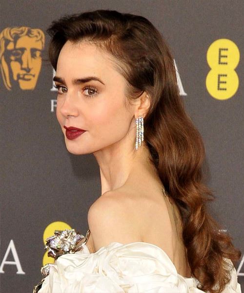 Lily Collins Hairstyle With Gentle Quiff And Subtle Curls - side view
