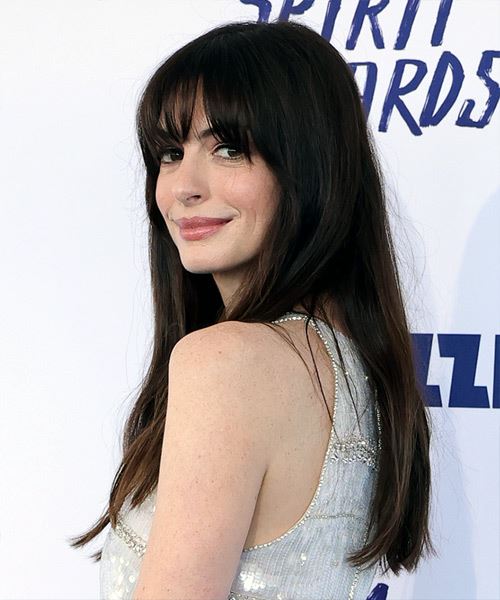 Anne Hathaway Long Natural Hairstyle With Classic Bangs - side view