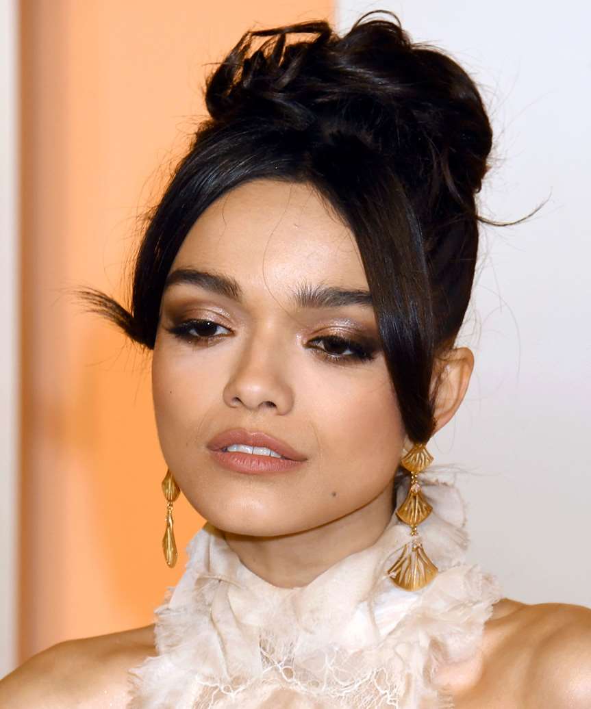 Rachel Zegler Updo With face-Framing Bangs - side view