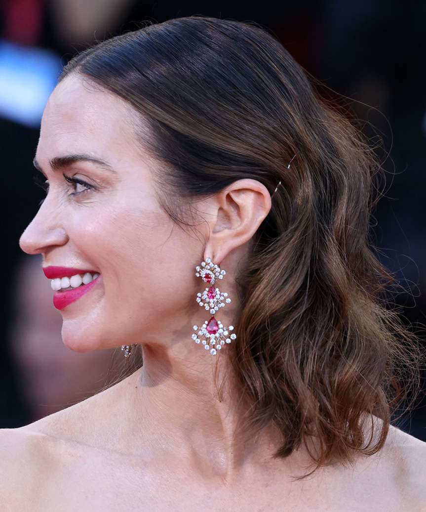 Emily Blunt Shoulder-Length Hairstyle With Pinned-Back Curls - side view