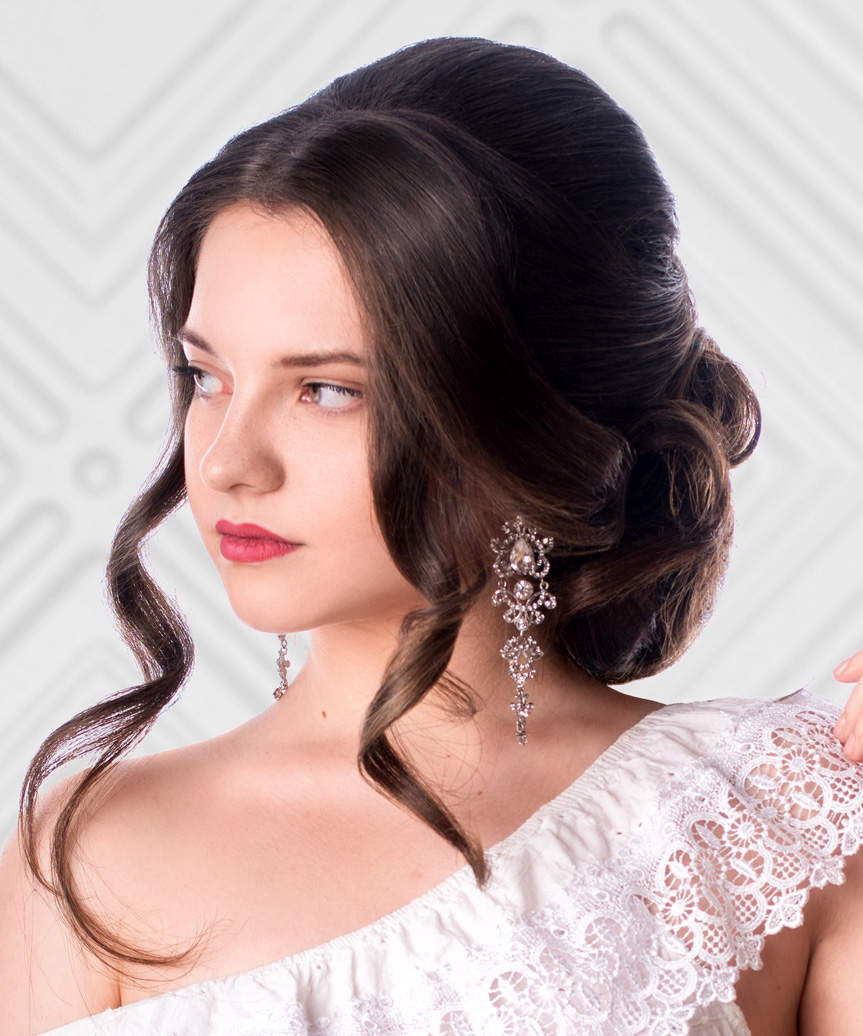 Curled Updo Hairstyle With Face-Framing Bangs - side view