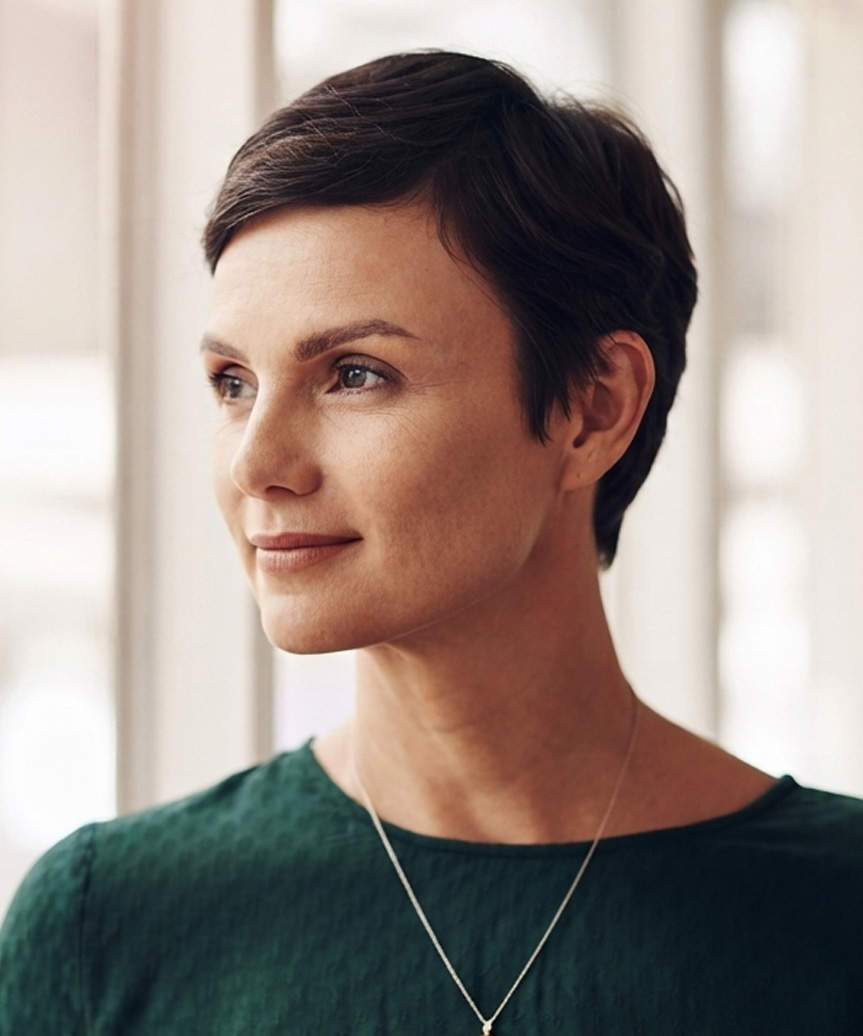 Classic Pixie Cut With Soft Side-Swept Bangs - side view