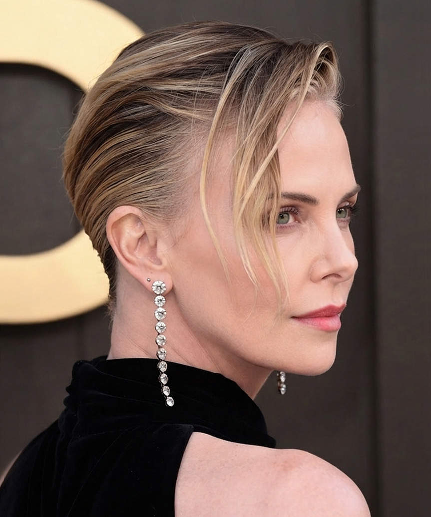 Charlize Theron Slicked Back Pixie Bob - side view