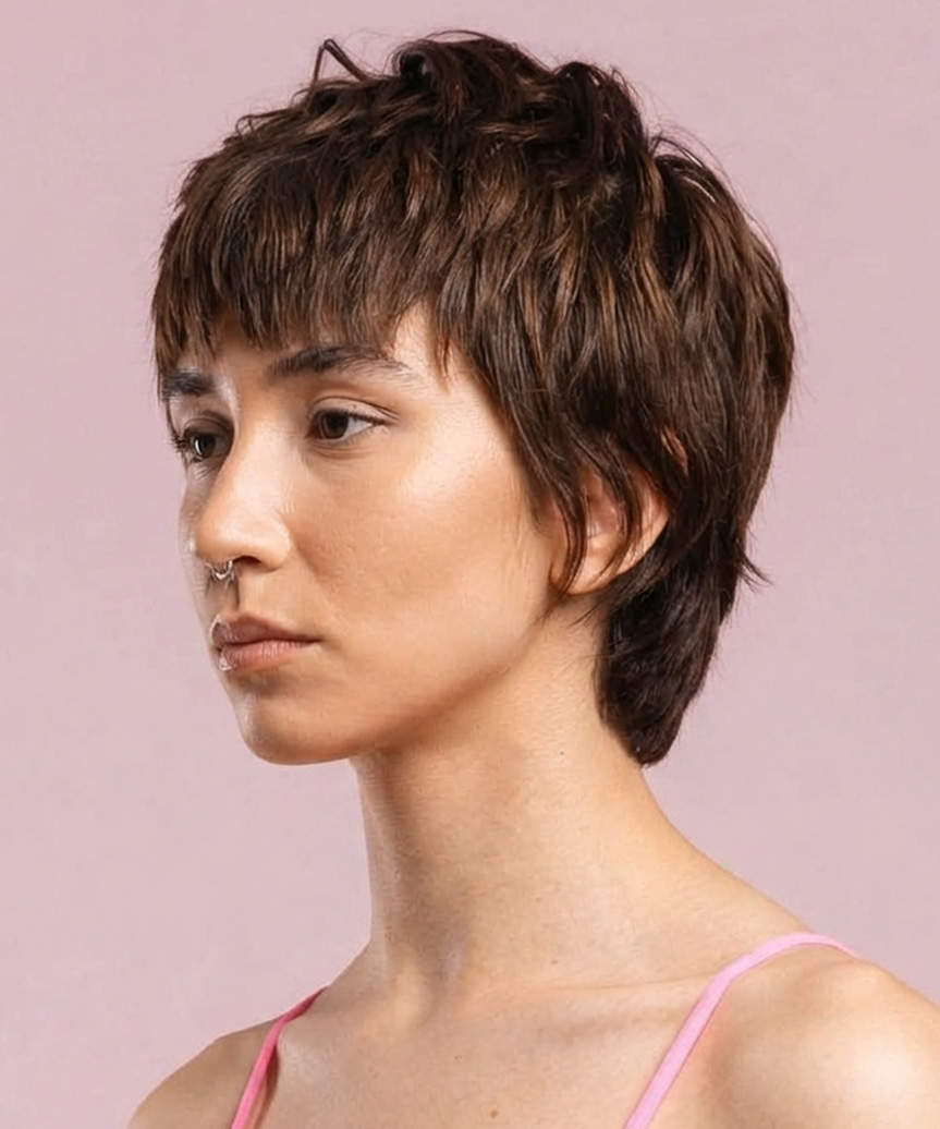 Textured Shaggy Pixie Cut With Choppy Micro Bangs - side view