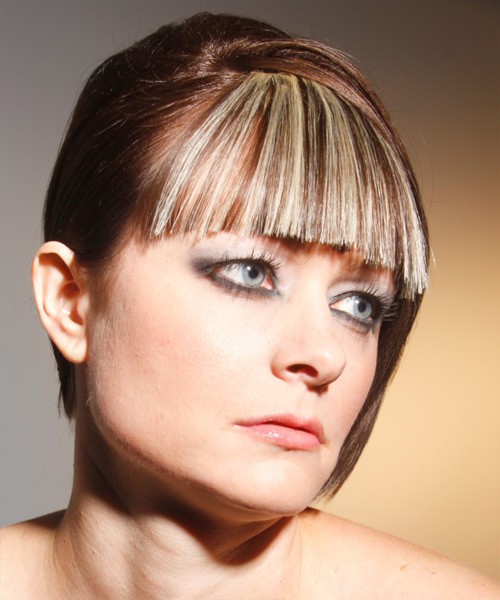 Glossy Brown Hairstyle With Blonde Bangs - side view