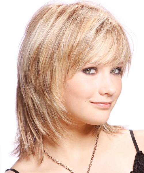  Medium Straight   Light Champagne Blonde   Hairstyle with Side Swept Bangs  and Light Blonde Highlights - Side View