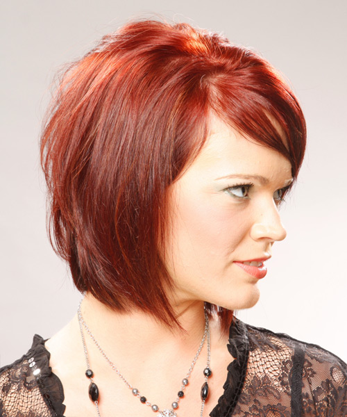 Medium Straight Bob Haircut With Side Swept Bangs - Side View