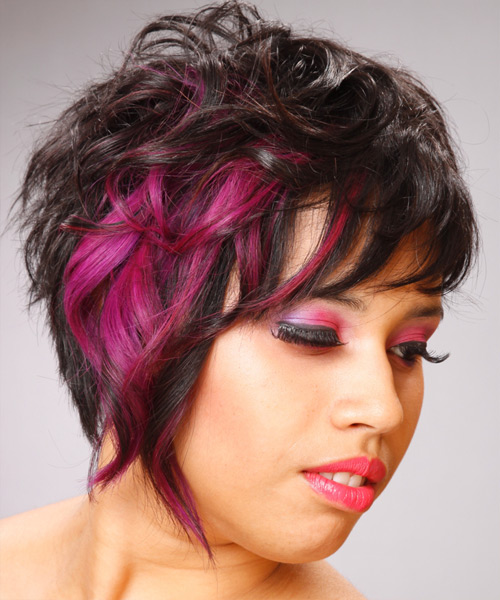 Short Wavy Black Hairstyle with Pink Highlights