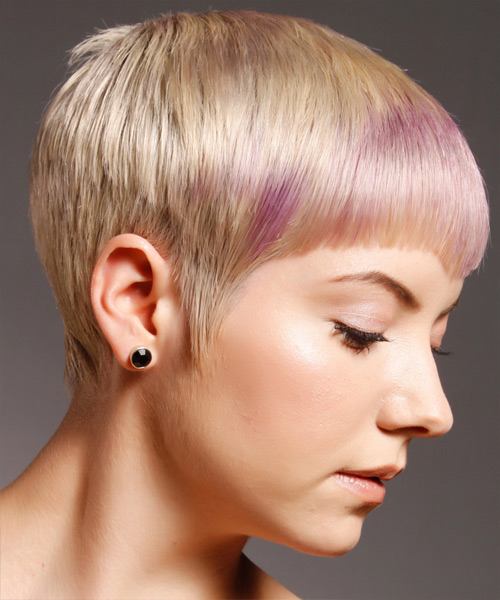  Short Straight   Light Champagne Blonde   Hairstyle   with Purple Highlights - Side View