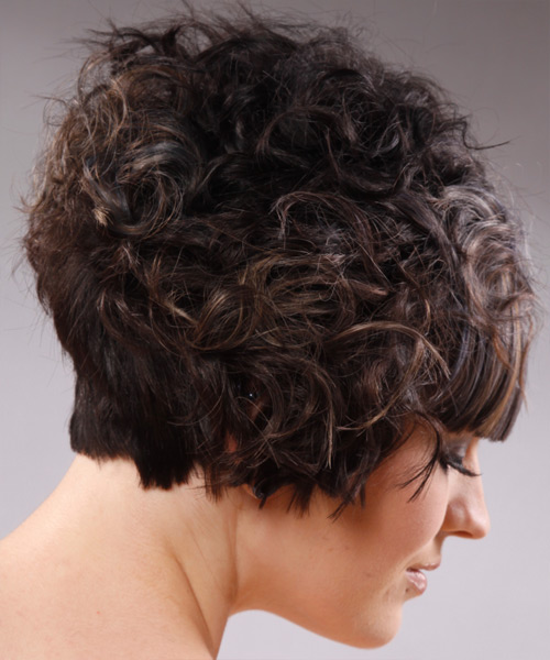  Dark Brown Hairstyle With Curls And Blunt Cut Bangs - side view