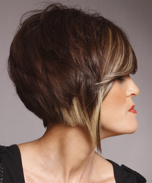 Straight   Dark Mocha Brunette with Side Swept Bangs  and Light Blonde Highlights - side view