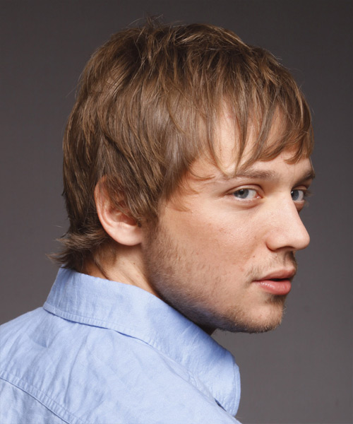  Short Straight   Dark Honey Blonde   Hairstyle with Razor Cut Bangs for Men - Side View