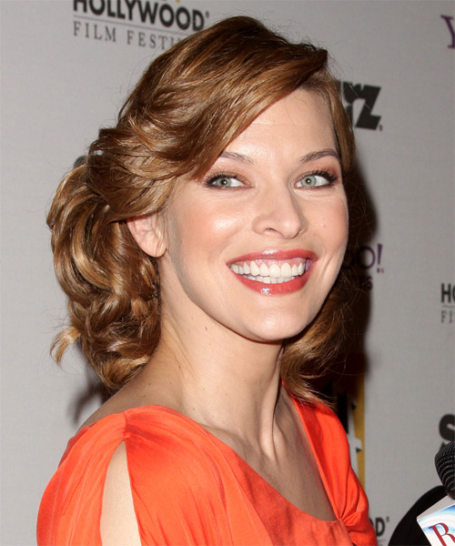 Milla Jovovich  Medium Curly   Caramel  Updo Hairstyle - side view