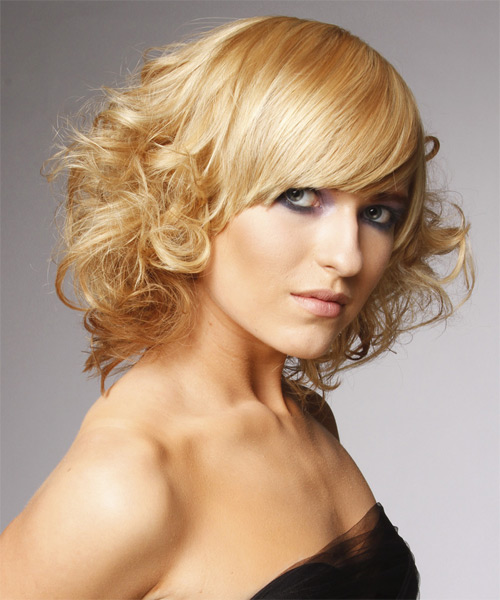 Medium Curly   Light Blonde  Hairstyle with Side Swept Bangs - side view