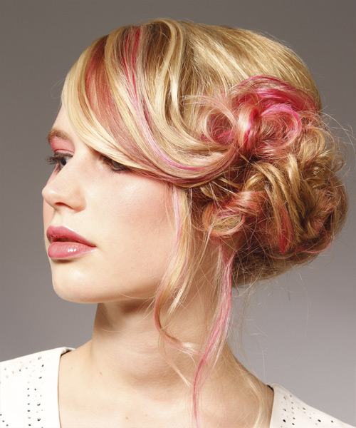 Long Curly   Light Bright Blonde Updo Hairstyle   with Pink Highlights - side view
