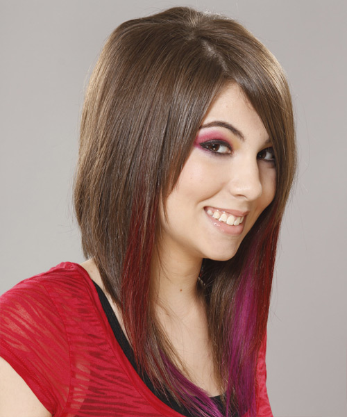 Long Straight Ash Brunette Hairstyle with Pink Highlights