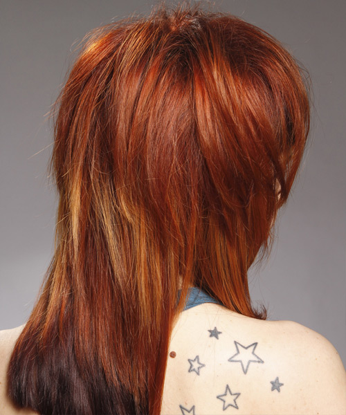 Straight   Dark Red and Orange Two-Tone with Blunt Cut Bangs - side view