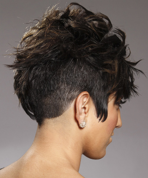    Layered  Dark Brunette Pixie  Cut   with Light Brunette Highlights - Side View