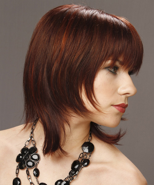 Straight Layered  Dark Red with Blunt Cut Bangs - side view
