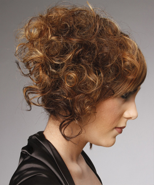   Long Curly   Caramel and Dark Brunette Two-Tone Asymmetrical Updo  with Asymmetrical Bangs  - Side View