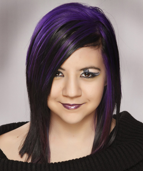 Medium Straight Black And Purple Two Tone Hairstyle