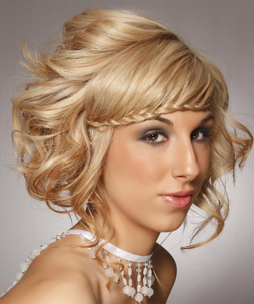 Long Curly Honey Blonde Updo with Plaited Bangs
