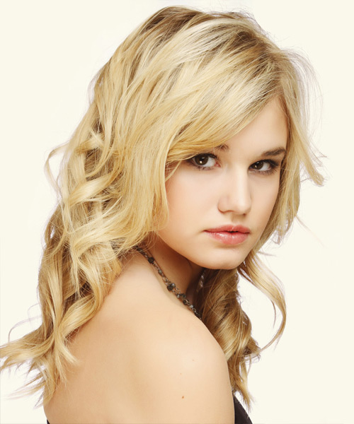 Wavy   Light Blonde with Side Swept Bangs - side view