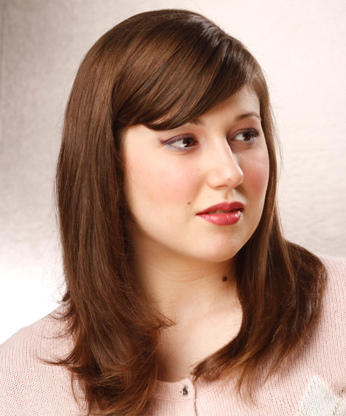Straight    Chestnut Brunette with Side Swept Bangs - side view