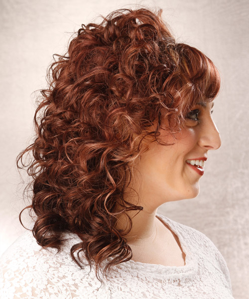 Medium Curly    Red   Hairstyle with Side Swept Bangs  and Light Blonde Highlights - side view