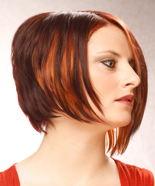 Short Straight Dark Mahogany Red Asymmetrical Hairstyle With Orange Highlights