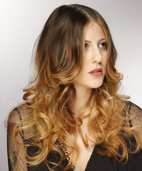 Long Wavy Brunette and Blonde two-tone Hair Color