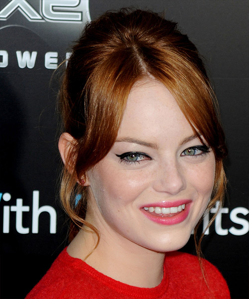 Emma Stone Long Straight    Copper Red  Updo with Layered Bangs - side view