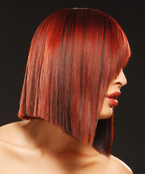Straight Dark Red Shoulder-Length  With Asymmetrical Bangs - side view