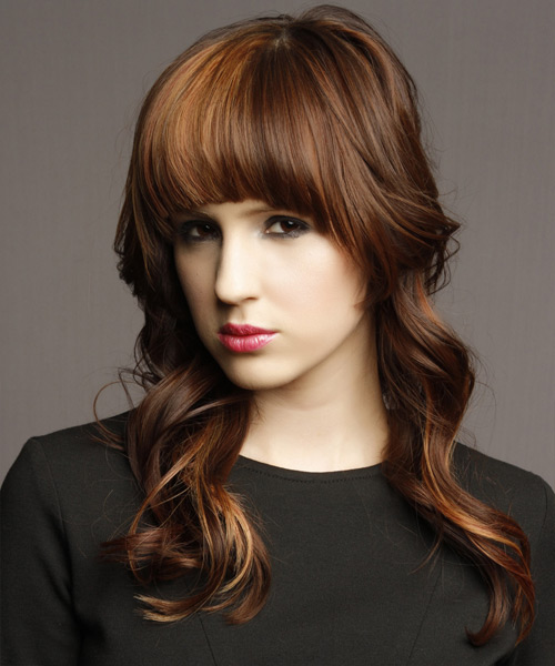 Long Wavy airstyle with Blunt Cut Bangs - Dark Mocha Brunette - two-tone hair color