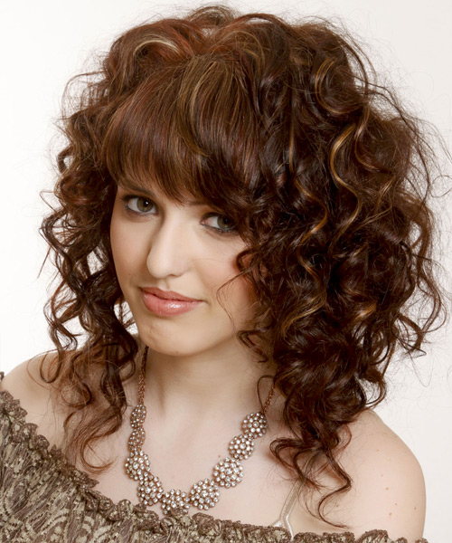 Medium Curly   Dark Mocha Brunette   Hairstyle with Asymmetrical Bangs  and Light Brunette Highlights - Side View