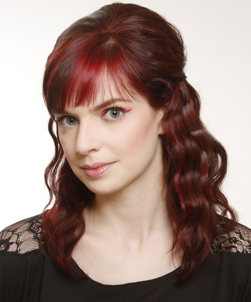   Medium Curly   Dark Red  Half Up Hairstyle with Layered Bangs  - Side View