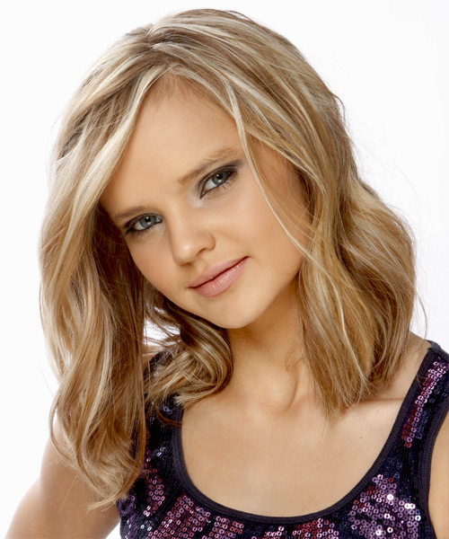  Medium Wavy    Caramel Blonde   Hairstyle   with Light Blonde Highlights - Side View